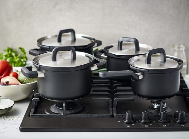 Ensemble de casseroles BK  Flow Cool Noir - 4 pièces - en inox - casseroles ø 16, 18, 20 & 16 cm 