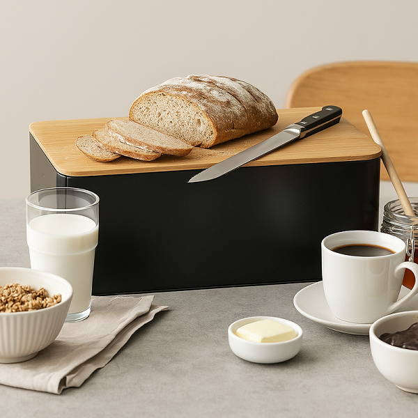 Boîte à pain Cookinglife - avec planche - en acier et bois - noir mat