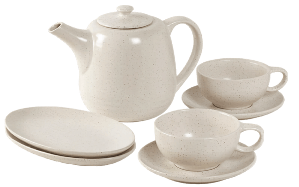 service à thé Broste Copenhagen Nordic Vanilla 7 pièces / 2 personnes - 1 théière, 2 assiettes ovales et 2 tasses et coucoupes
