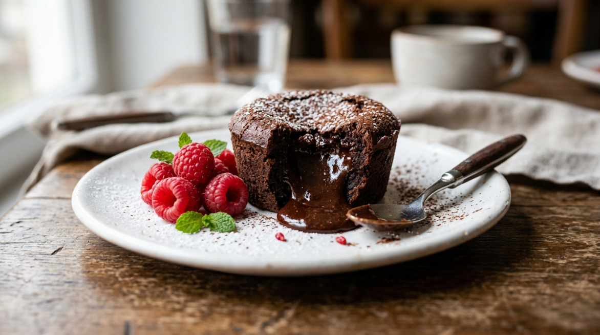 Fondant au chocolat riche sans gluten, au cœur coulant et accompagné de framboises fraîches.