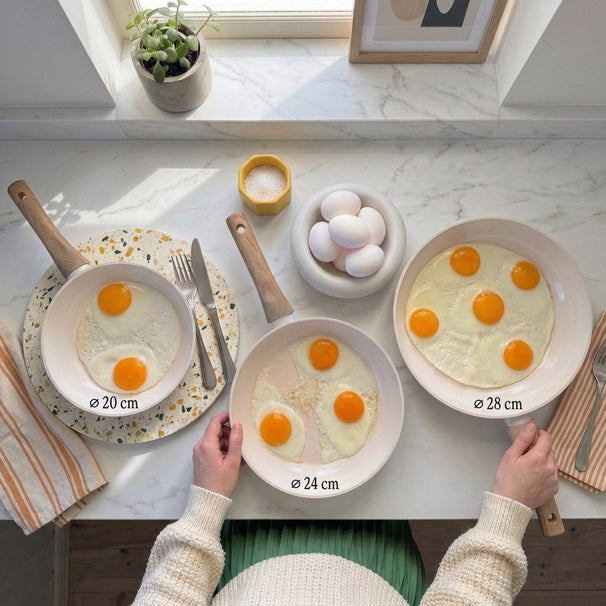 CP Batterie de cuisine Poêles Go Ivory Crème 3 pièces - ø 20, 24 & 28 cm - revêtement antiadhésif en céramique