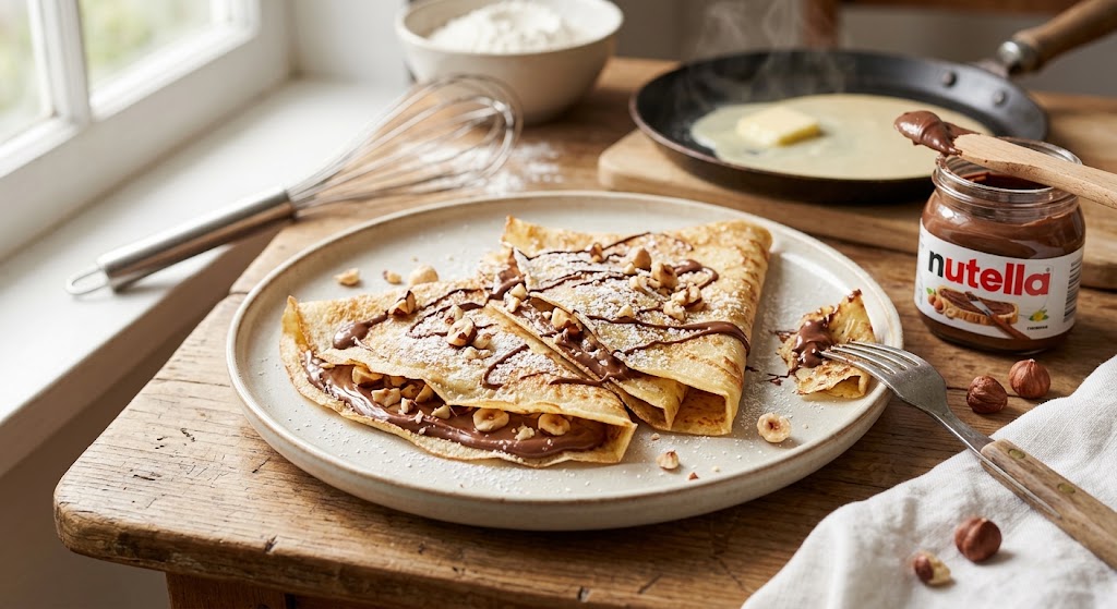 Ultra fines, dorées et garnies de pâte à tartiner chocolat-noisette.