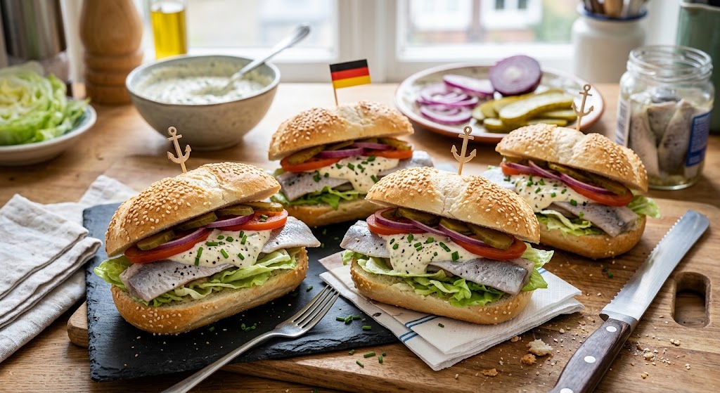 Le classique sandwich de poisson du nord de l'Allemagne, simplement fait maison
