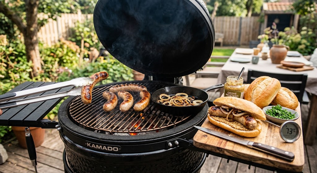 Saucisse de Thuringe juteuse avec une saveur fumée authentique de la kamado