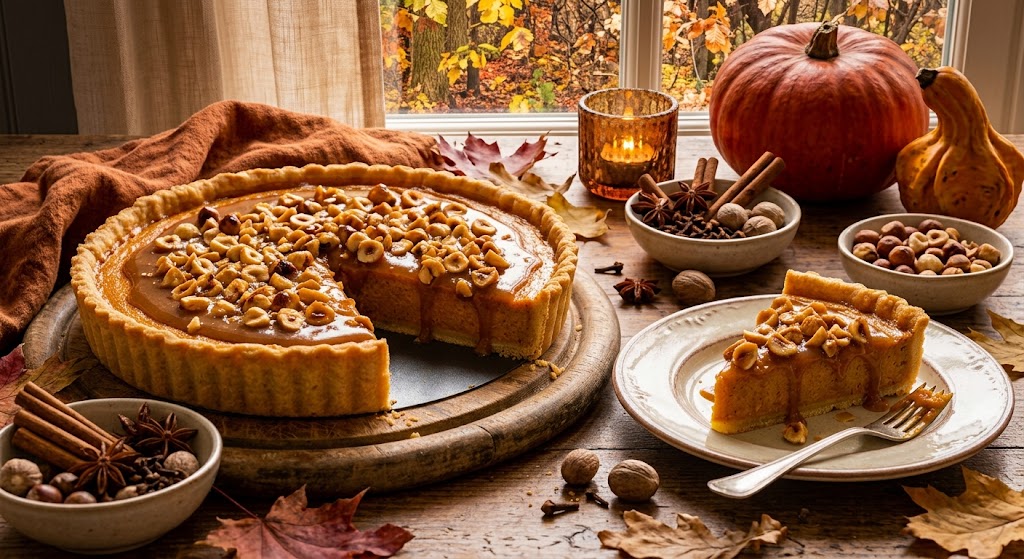 Une riche tarte d'automne avec de la courge rôtie, du caramel et des noisettes croquantes