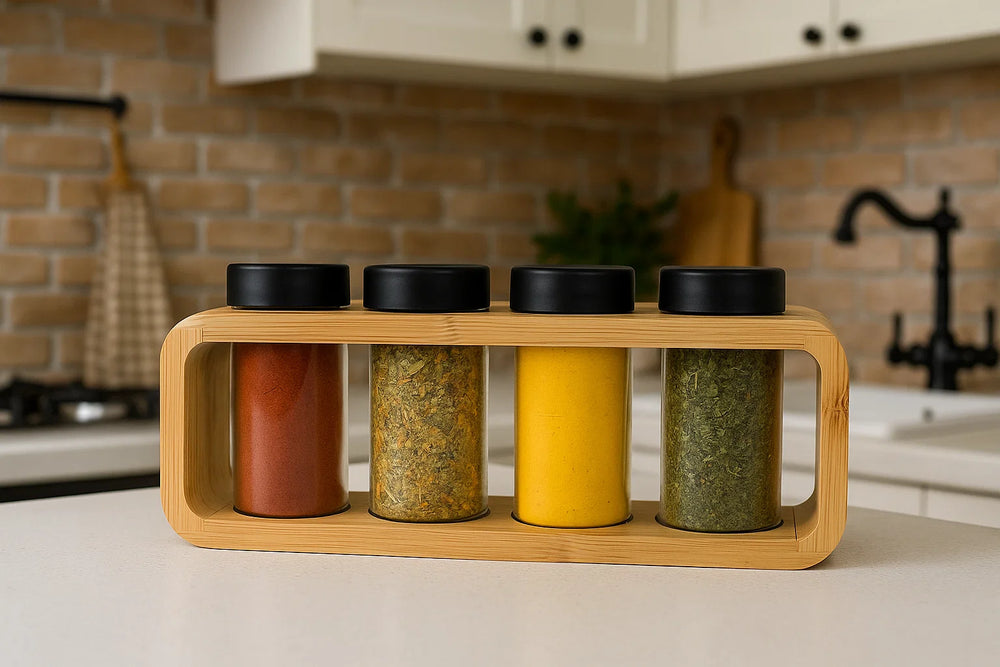 Ensemble de porte-épices Cookinglife - pots en verre - en bambou - 5 pièces