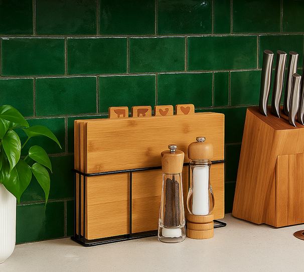 Set de planches à découper Cookinglife - en bambou - support en fer - 5 pièces