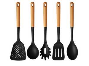 Ensemble d'ustensiles de cuisine Cookinglife - Ensemble de cuisson - bois noir 5 pièces - Ecumoire, louche, cuillère à spaghetti, spatule & cuillère de service