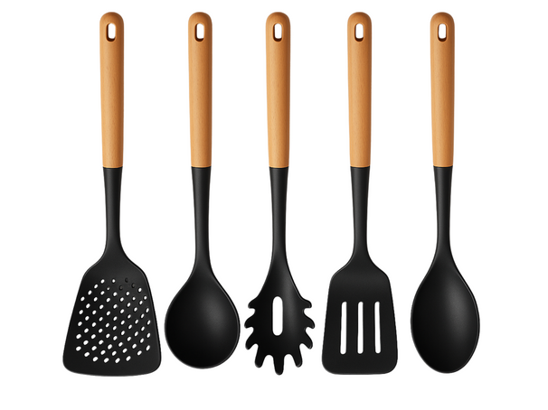 Ensemble d'ustensiles de cuisine Cookinglife - Ensemble de cuisson - bois noir 5 pièces - Ecumoire, louche, cuillère à spaghetti, spatule & cuillère de service