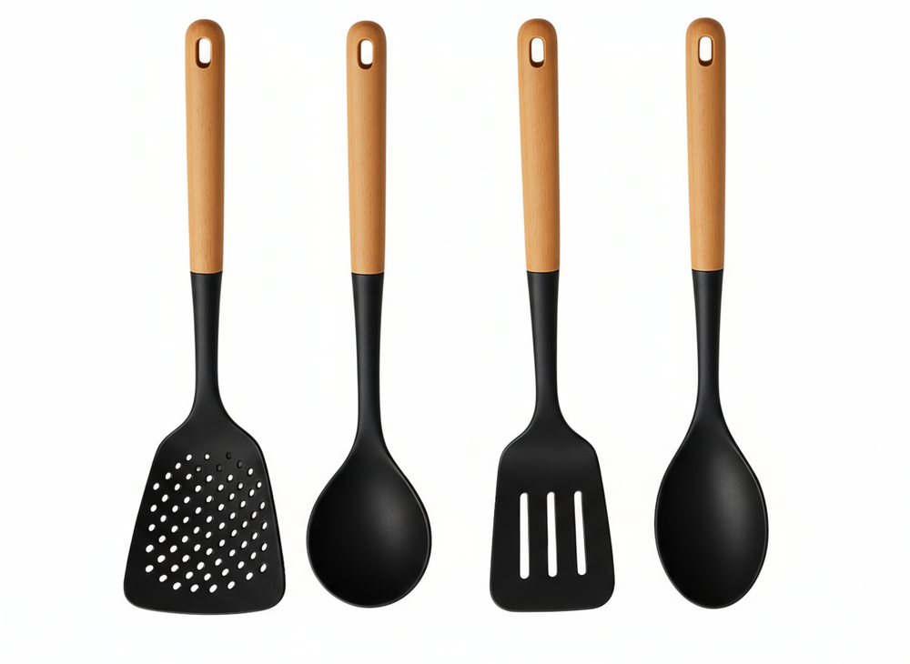 Set de spatules Cookinglife - en bois et en silicone - Noir - 32-36cm - 4 pièces