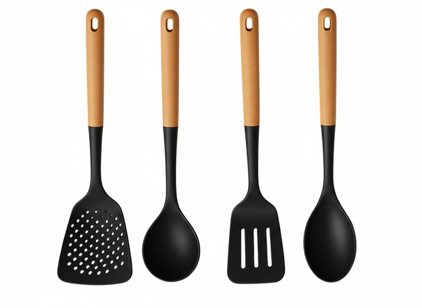 Set de spatules Cookinglife - en bois et en silicone - Noir - 32-36cm - 4 pièces