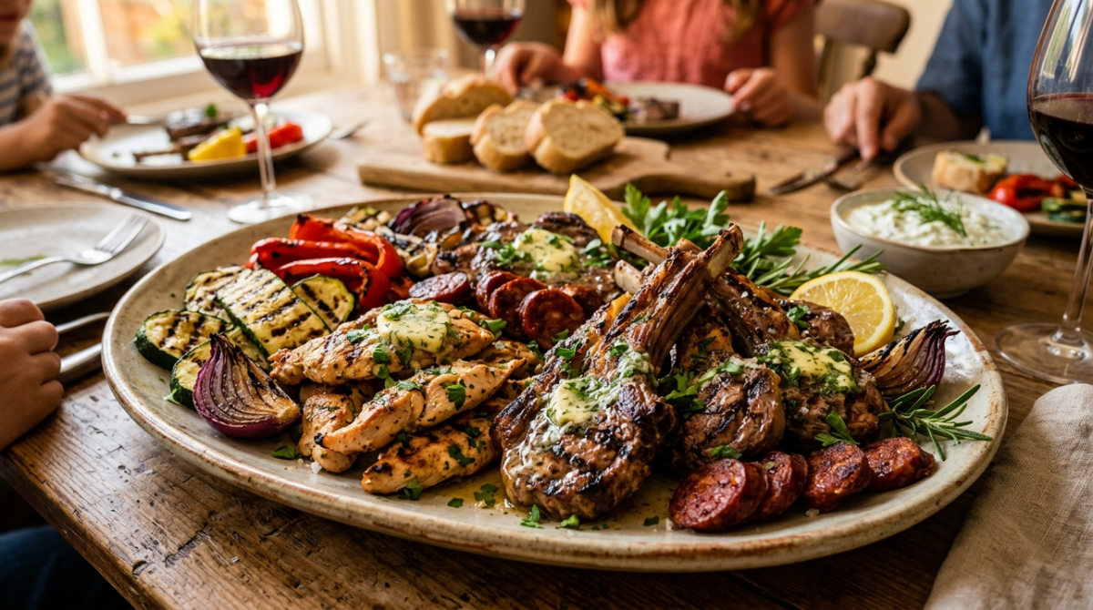 Morceaux de viande juteux, légumes grillés et un beurre aux herbes à l'ail qui réunit le tout.