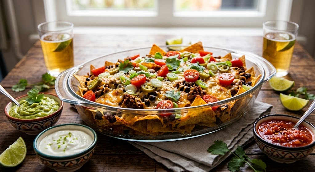 Nachos croustillants, fromage fondu et toutes les garnitures que vous souhaitez.
