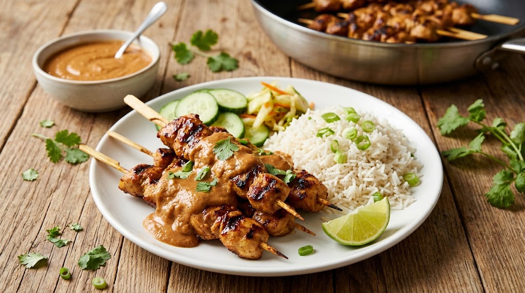 Saté de poulet parfumée avec sauce aux cacahuètes maison, directement de la poêle