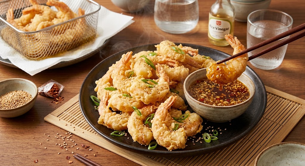 Pâte aérienne, crevettes croustillantes, servies directement à table.