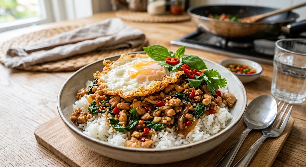 Sauté rapide au poulet, basilic et une sauce relevée