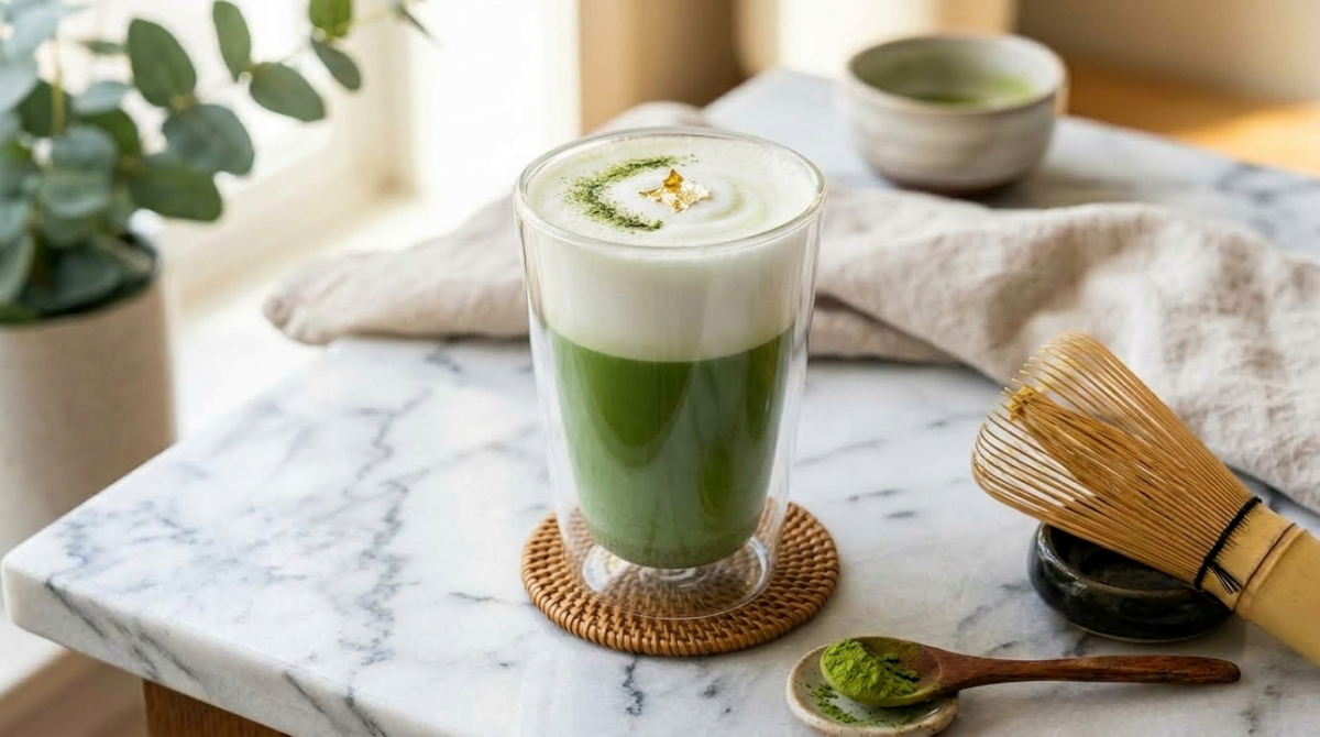 Matcha de niveau barista, simplement préparé chez soi.