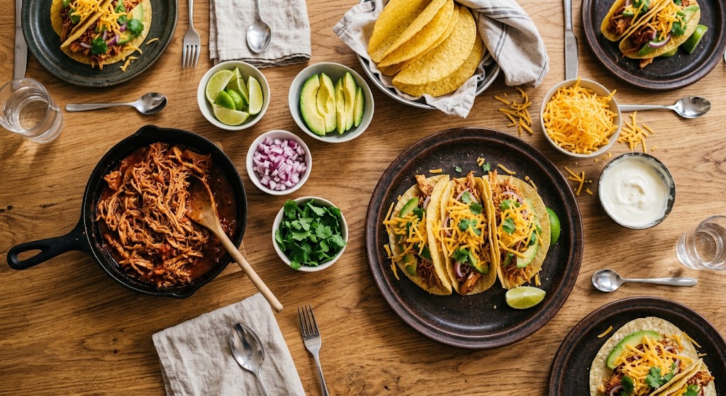 Poulet effiloché juteux, garnitures croustillantes et tacos faits maison pour une vraie soirée festive.