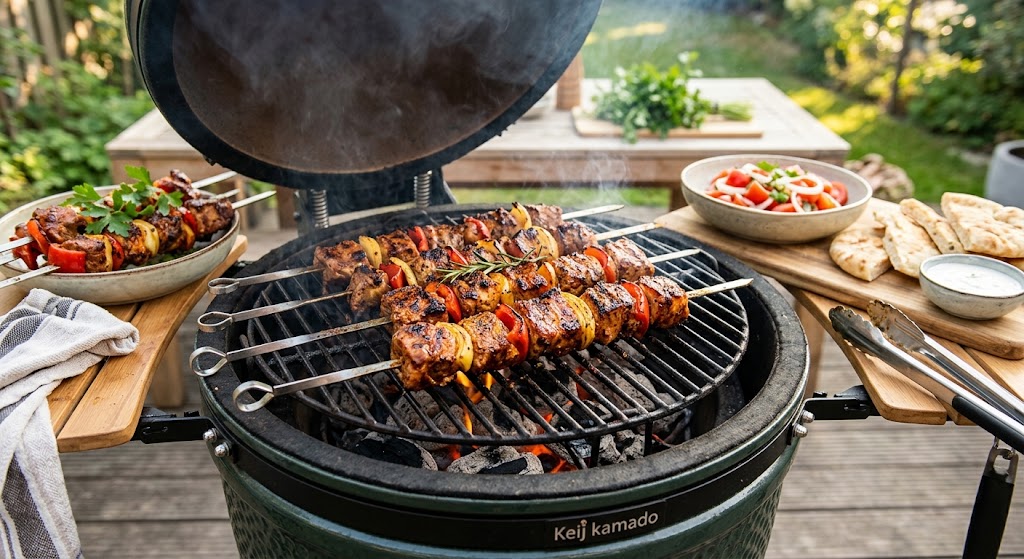 Brochettes de viande juteuses avec poivron et oignon, directes de la grille