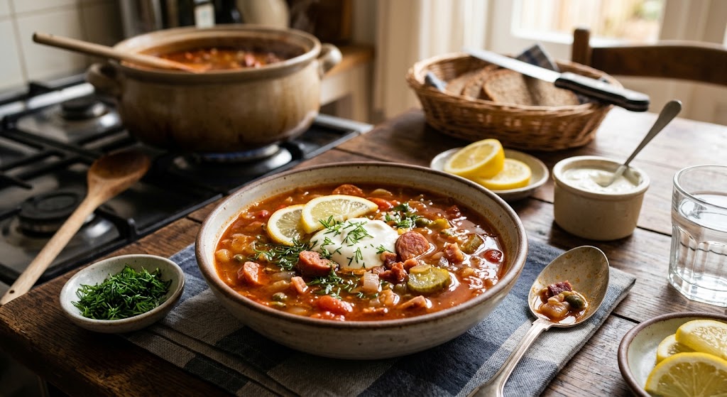 Une soupe riche et acidulée, pleine de saucisse fumée et de cornichons