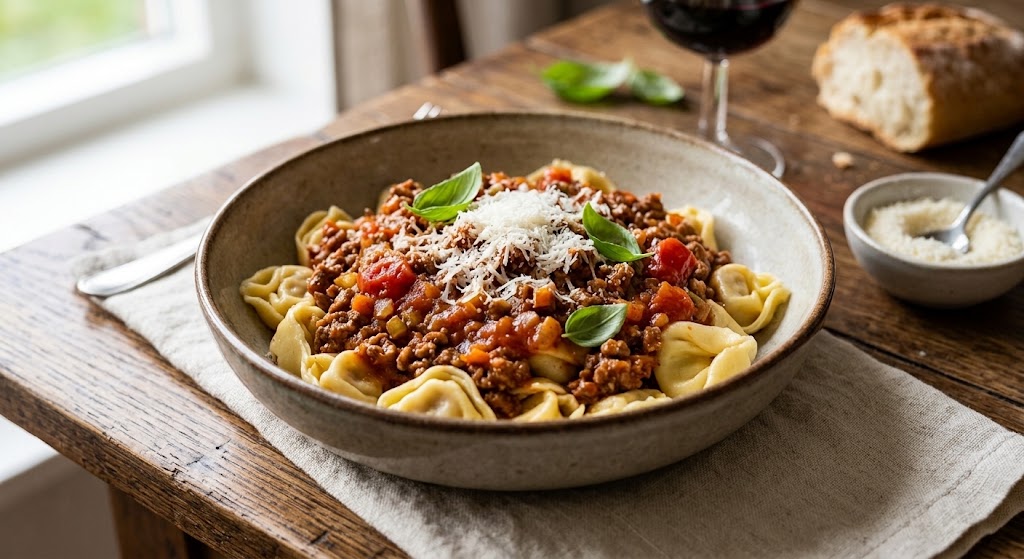 La bolognaise classique, mais avec des tortellini farcis pour plus de mâche.