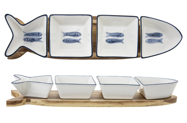 Planche à apéritif avec coupelles Cosy & Trendy Branzino 5 pièces - Blanc & Bleu - 37 x 9,5 cm