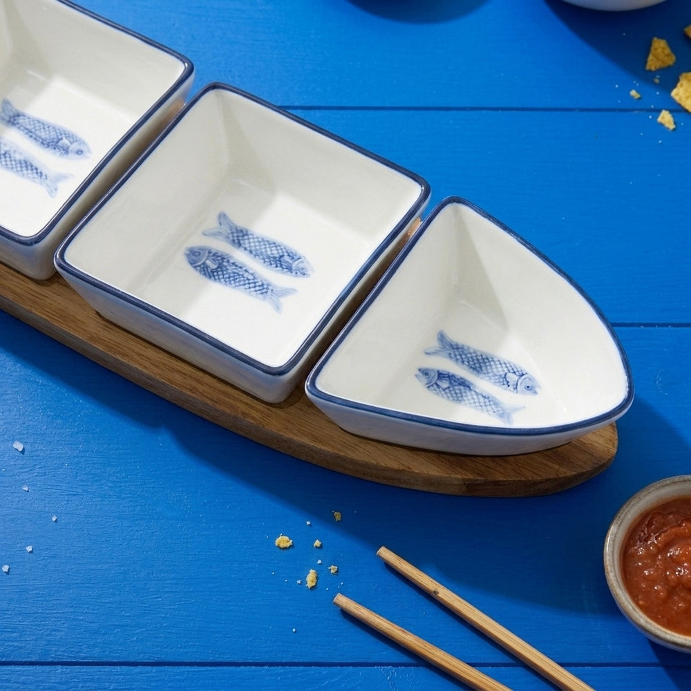 Planche à apéritif avec coupelles Cosy & Trendy Branzino 5 pièces - Blanc & Bleu - 37 x 9,5 cm