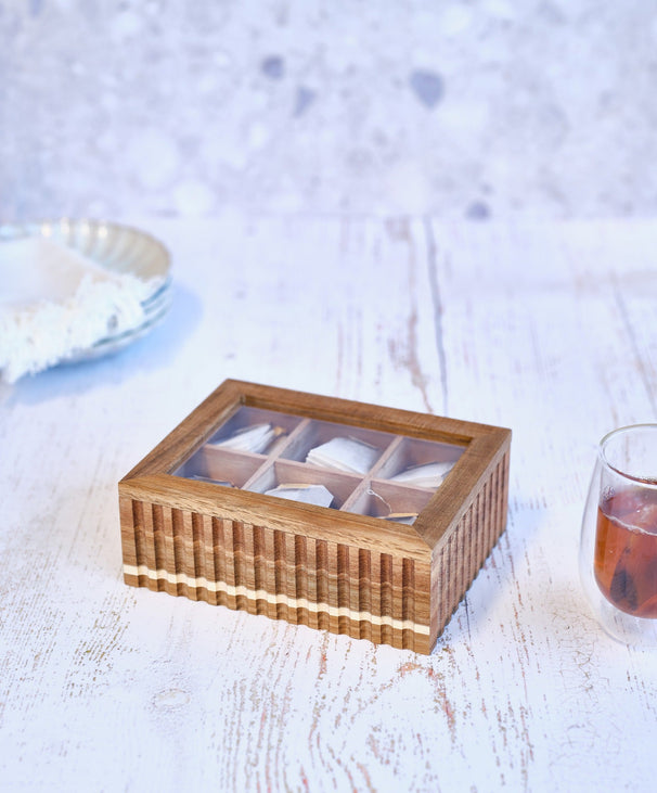Cosy & Trendy Boîte à thé - Coffre à thé - Bois d'acacia - 6 compartiments - avec fenêtre - 21 x 17 x 7,5 cm