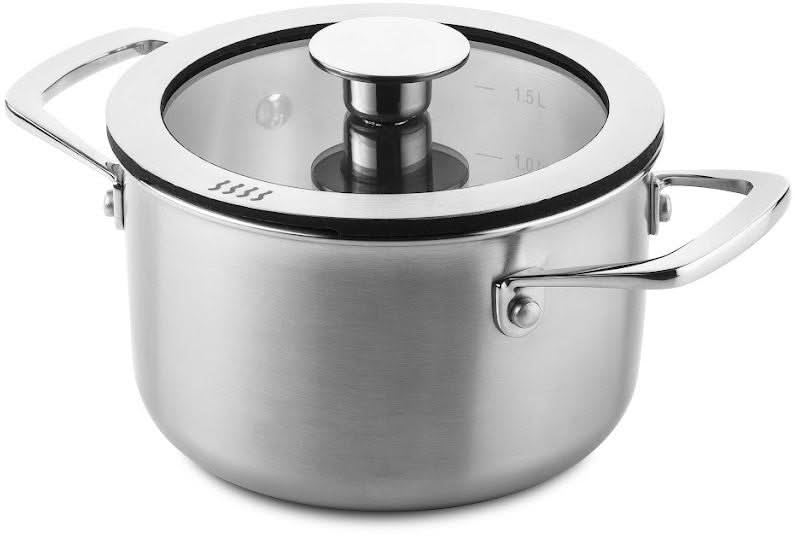 DUCQ Batterie de casseroles (Casserole ø 16 / 18 / 20 / 24 cm + Casserole ø 16 cm + Poêle ø 26 cm) + Couvercles - Aspiration descendante - Inox - Set 6 pièces 