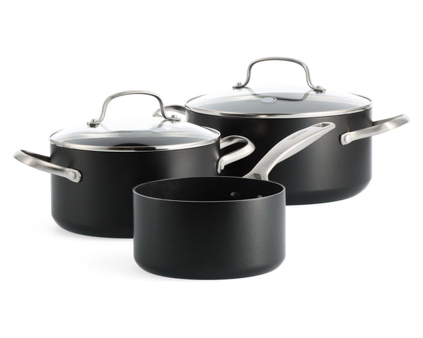 Batterie de cuisine GreenPan Copenhagen Noir 3 pièces - Casserole ø 16 cm, Faitouts ø 18 & 20 cm - revêtement antiadhésif céramique