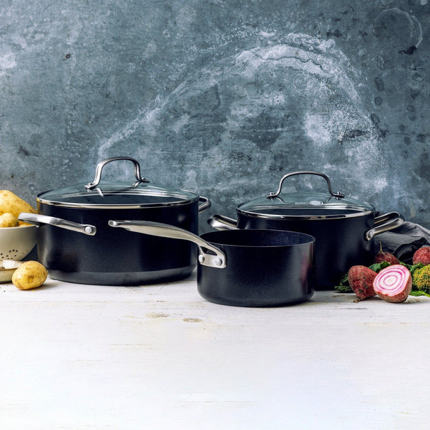 Batterie de cuisine GreenPan Copenhagen Noir 3 pièces - Casserole ø 16 cm, Faitouts ø 18 & 20 cm - revêtement antiadhésif céramique