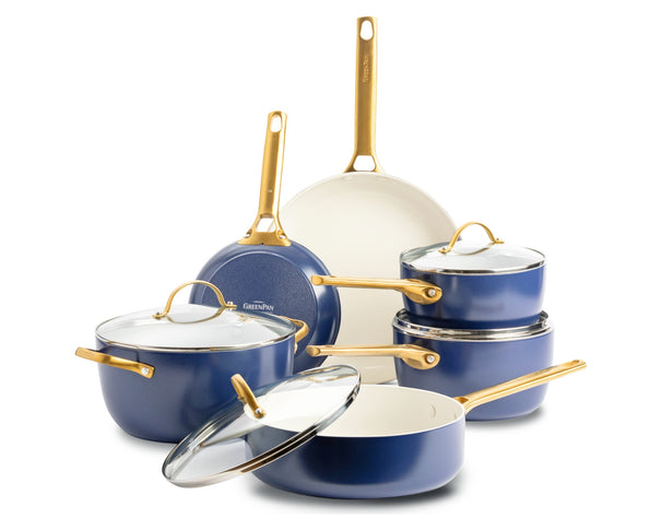 GreenPan Pannenset Padova Reserve Oxford Blue 6-delig - Kookpan ø 24 cm, Steelpan ø 18, 20 cm, Koekenpan ø 20, 28 cm & Hapjespan ø 24 cm  - Keramische anti-aanbaklaag