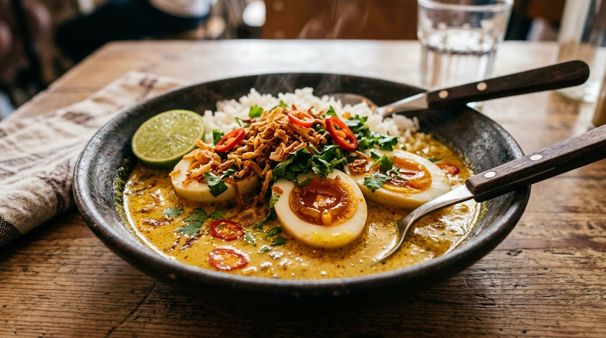 Rijkelijk gekruide curry met zachtgekookt ei en knapperige uitjes