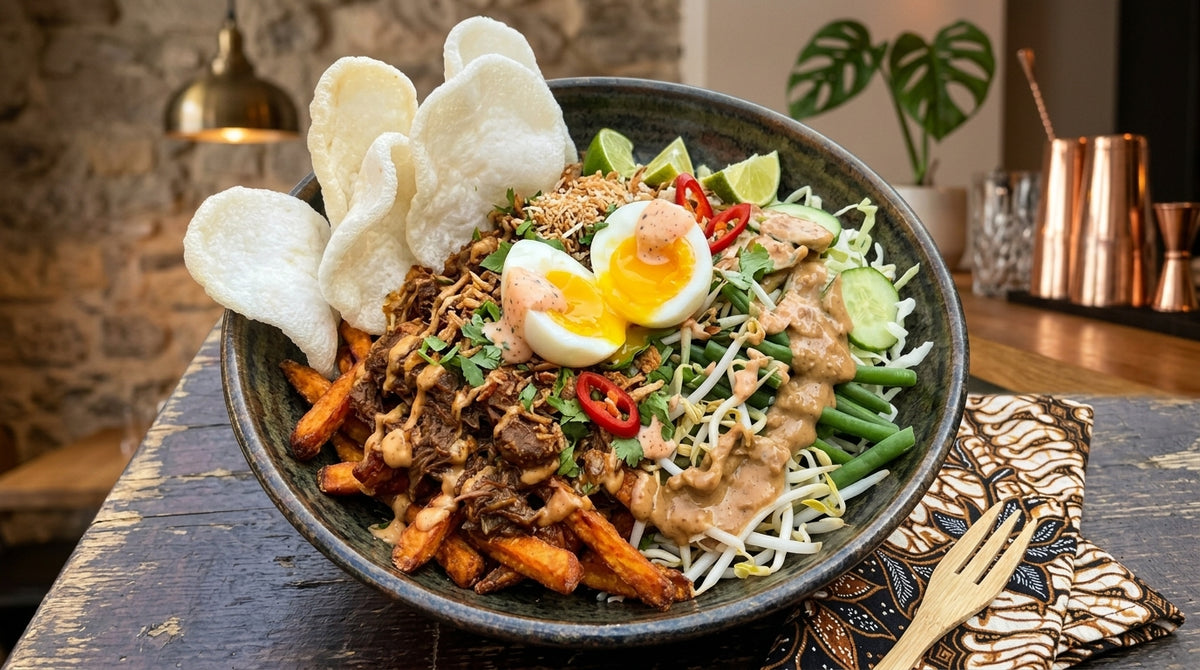 Frites de patate douce avec salade gado gado, œuf cuit, mayonnaise au kimchi et kroepoek de cassave