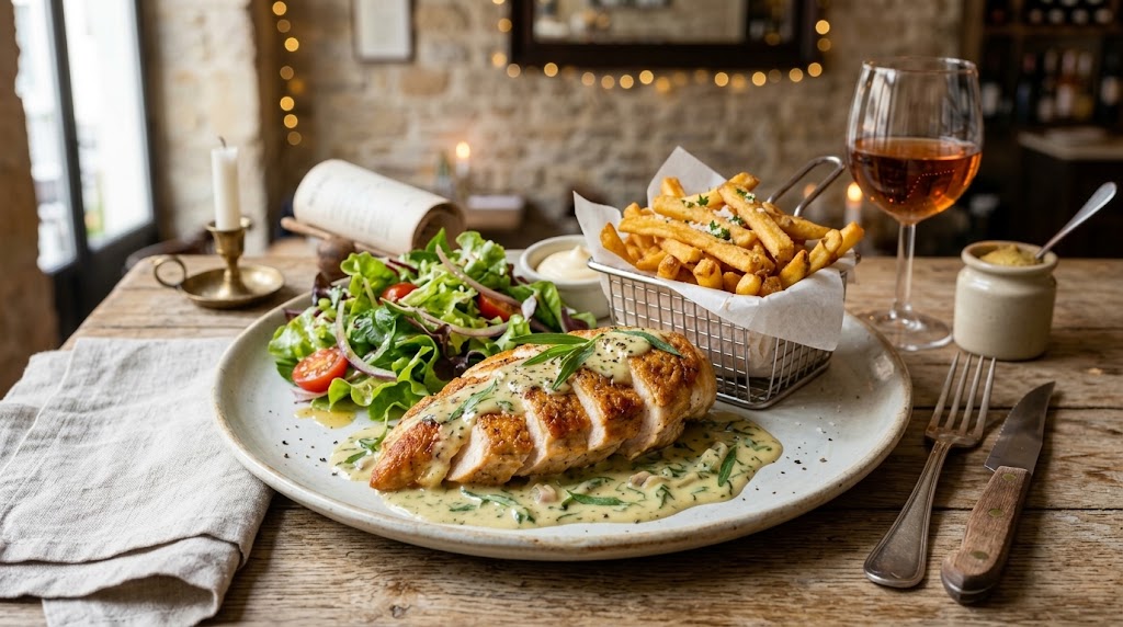 Filet de poulet bien saisi et doré avec une sauce crème classique préparée à la poêle