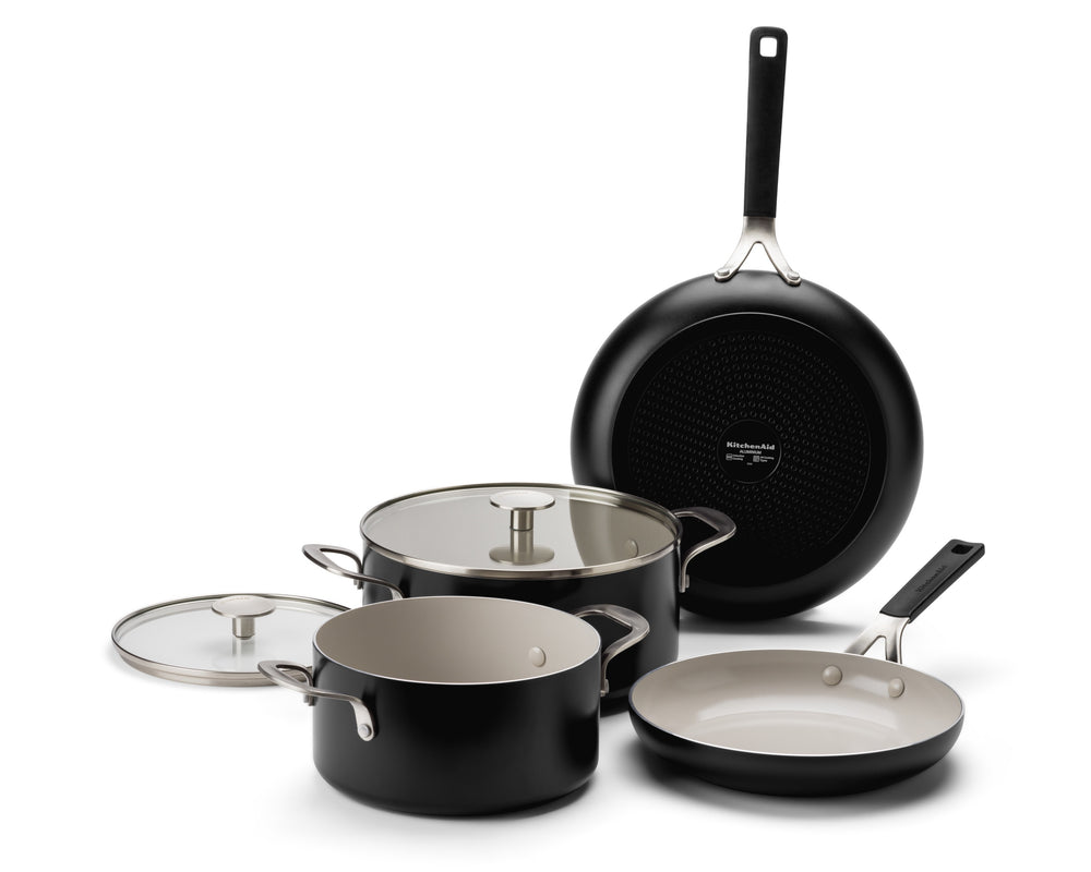 KitchenAid Pannenset Aluminium Mat Zwart 4-delig - Koekenpan ø 24 & 28 cm, Kookpan ø 20 & 24 cm