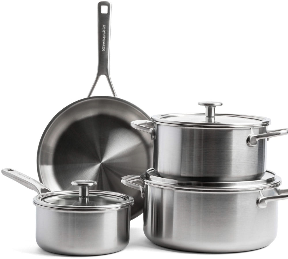 Ensemble de casseroles KitchenAid Multi-Ply Stainless Steel 6-pièces : casserole ø 20 et 24 cm, casserole ø 16 cm et poêle ø 24 cm + poêle Classic Forged ø 24 et 28 cm