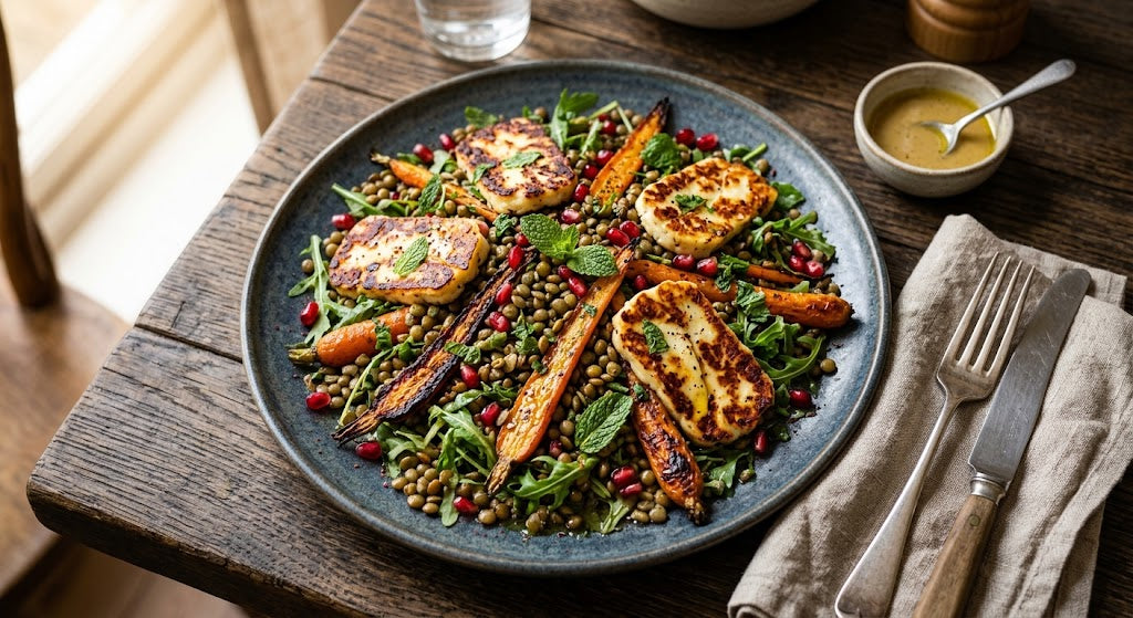 Halloumi croustillant à la poêle, carotte légèrement noircie et lentilles tièdes réunies dans une assiette.
