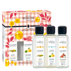 Trio de recharge Maison Berger - pour Lampe Berger - Estival - Soleil Fruité, Zeste de Verveine & Douceur de Pamplemousse - 3 x 250 ml
