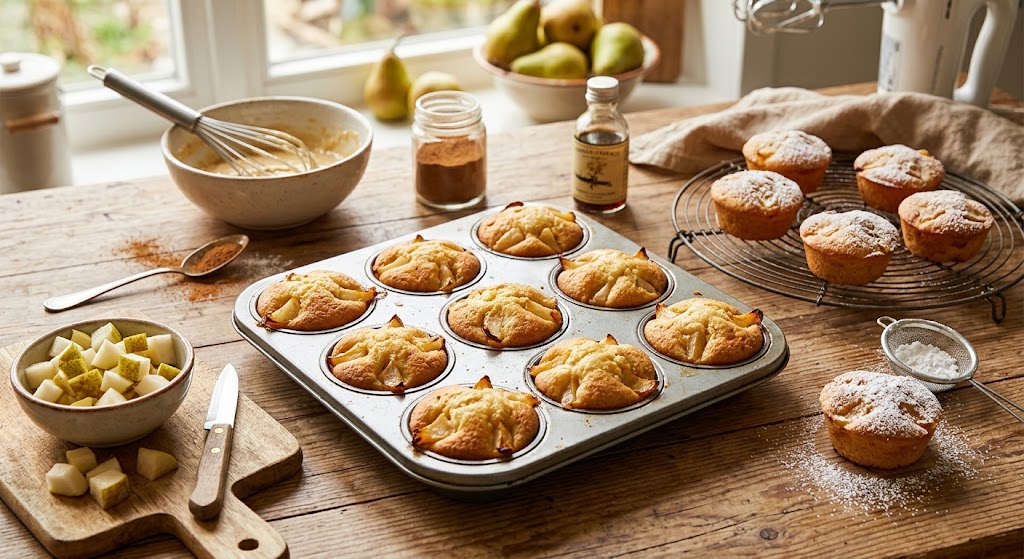 Mini-cakes moelleux à la poire avec une touche de cannelle, parfaits pour douze personnes en une fois.