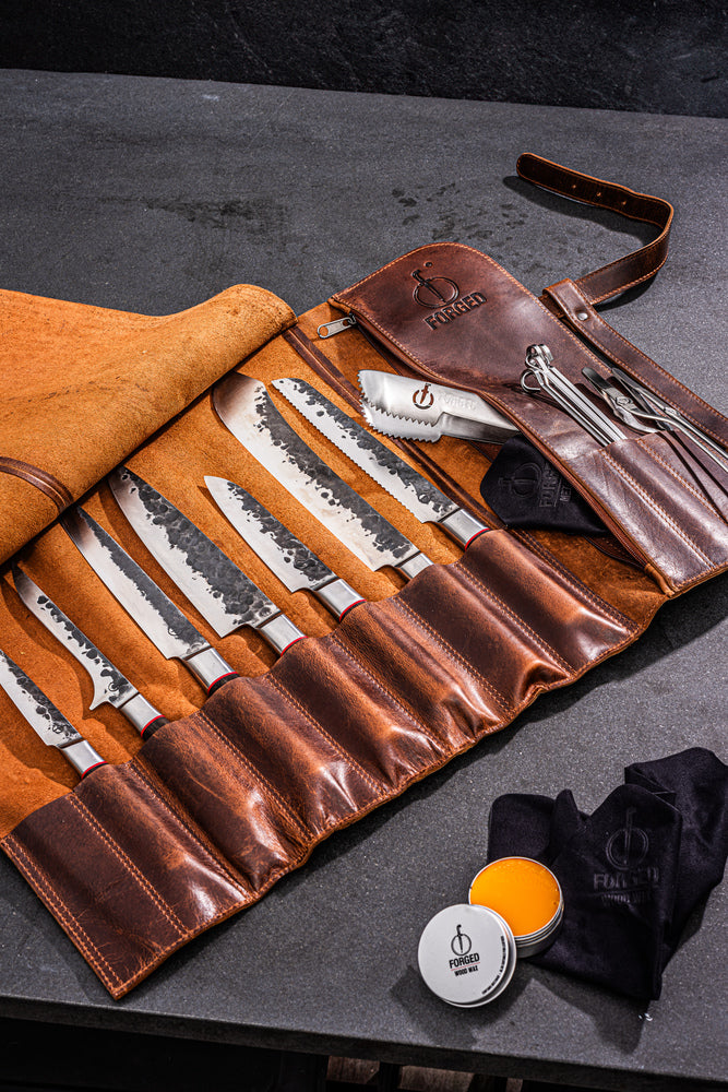 Set de housses pour couteaux Forged - en cuir pull-up - 8 couteaux - 5 pièces
