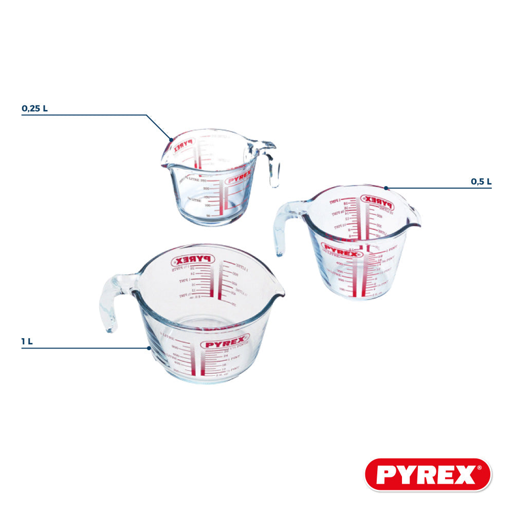 Set de Verres Doseur en Verre Pyrex Iconics' 3 Pièces - 250 ml, 500 ml & 1 Litre