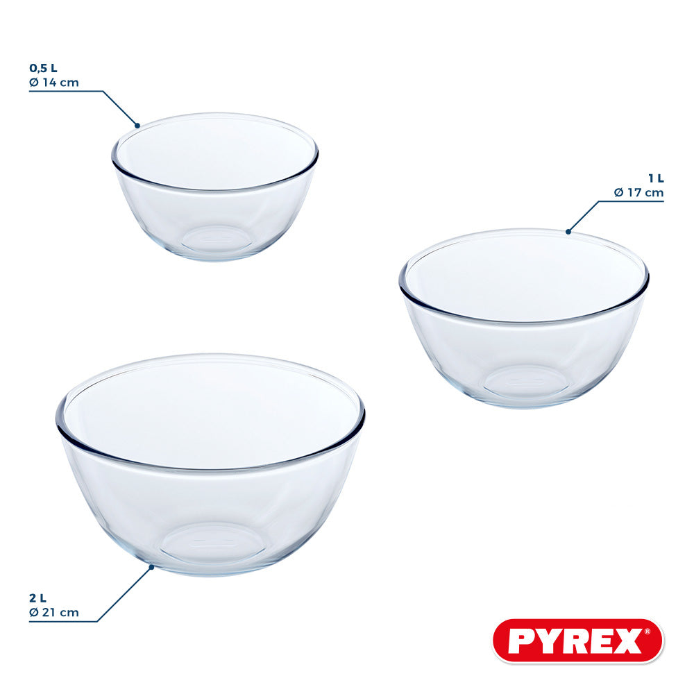 Set de Bols en Verre Mélangeur / Saladier Pyrex Iconics' 3-Pièces - 500ml, 1 Litre & 2 Litres