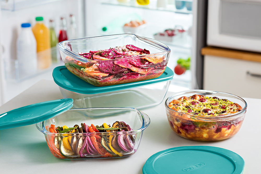 Set de plats à four en verre avec couvercle Pyrex Cook & Store 3 pièces - 400 ml, 1,1 litre & 2,5 litres