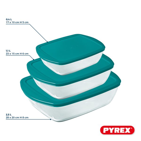 Set de plats à four en verre avec couvercle Pyrex Cook & Store 3 pièces - 400 ml, 1,1 litre & 2,5 litres