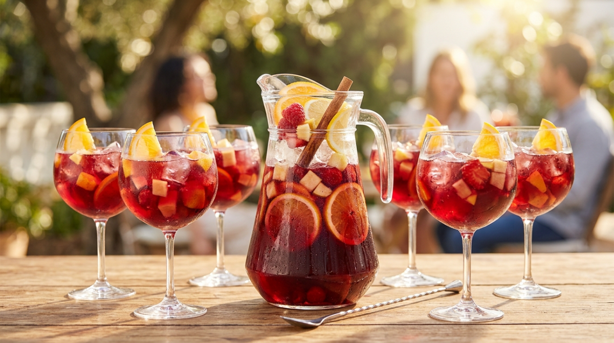 Sangria ensoleillée aux fruits rouges, agrumes et une touche de liqueur. Conçue pour être partagée : une carafe de 1,6 litre sert confortablement 6 grands verres (700 ml) bien remplis de glace et de fruits.