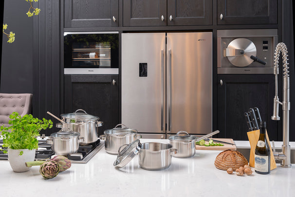 Batterie de cuisine Sola Pearl 7 pièces inox - Compatible Induction - Casserole ø 16, 18, 20 cm & Casserole ø 16 cm + Poêle ø 24, 28 cm + Cocotte ø 24 cm