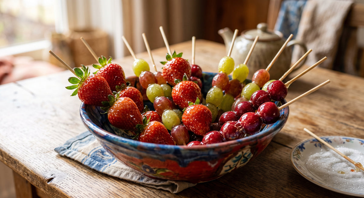 Fruits caramélisés croustillants sur un bâtonnet