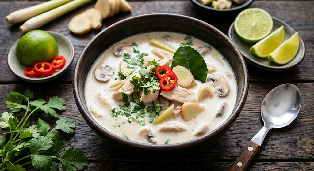 Soupe thaïlandaise crémeuse au lait de coco, poulet et gingembre