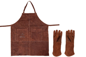 Ensemble Tablier & Gants de Barbecue White Fire en Cuir - Marron - 3 Pièces